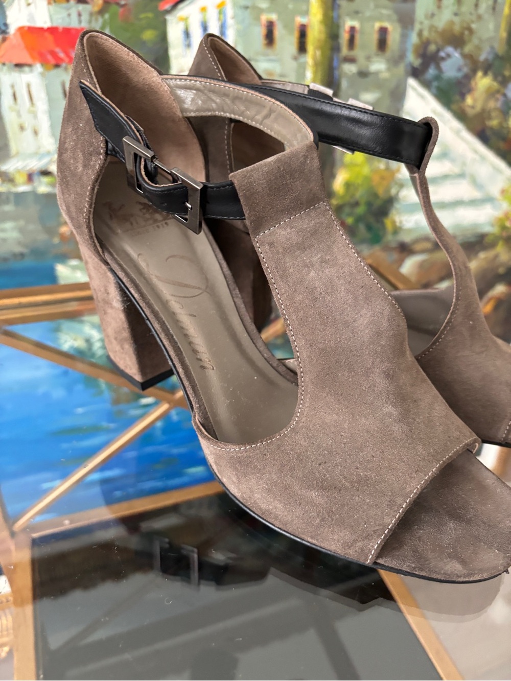 Delman Taupe Suede T-Strap Block Heels with Black Ankle Strap